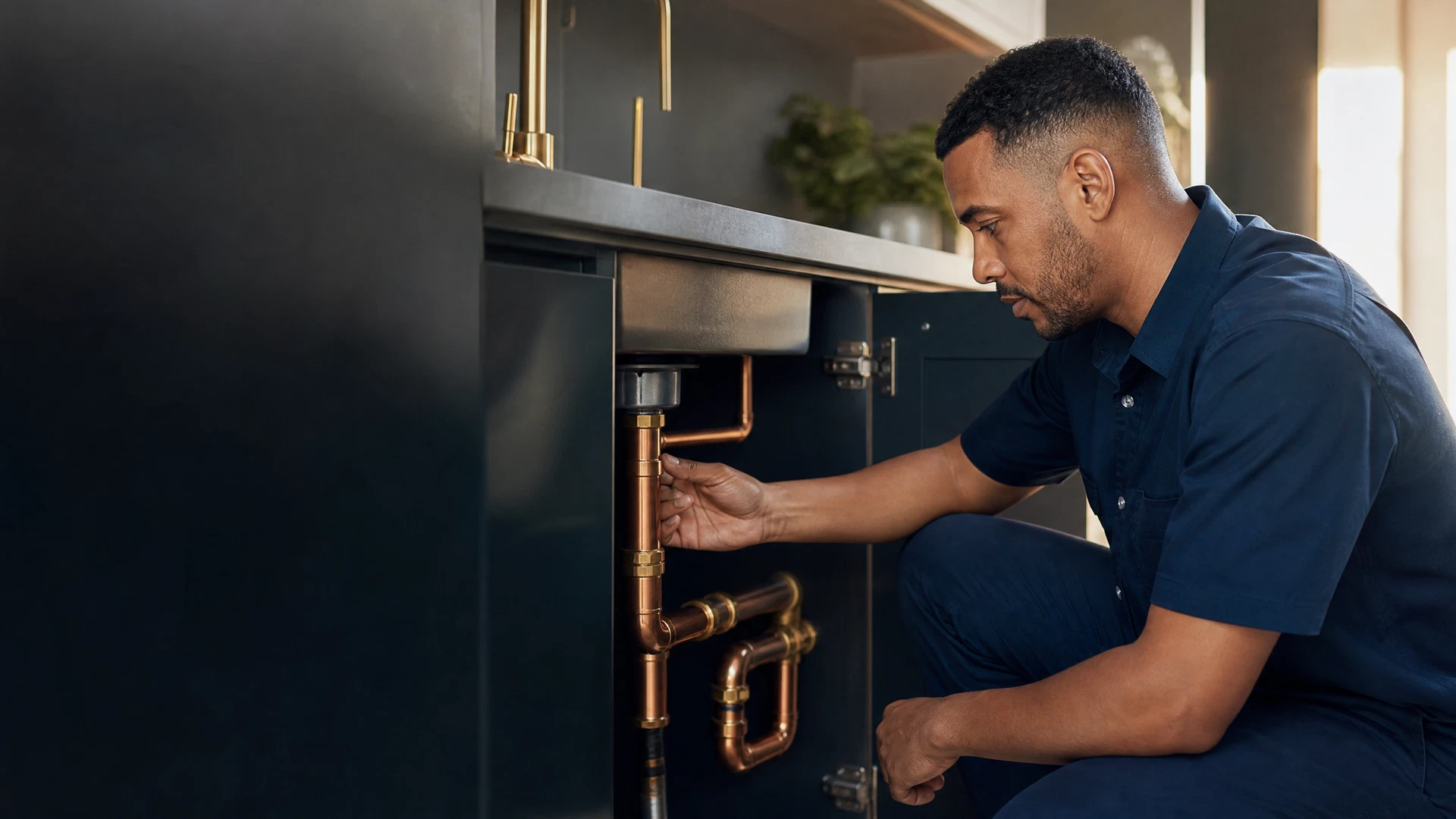 Professional plumber inspecting domestic pipework in Cape Town